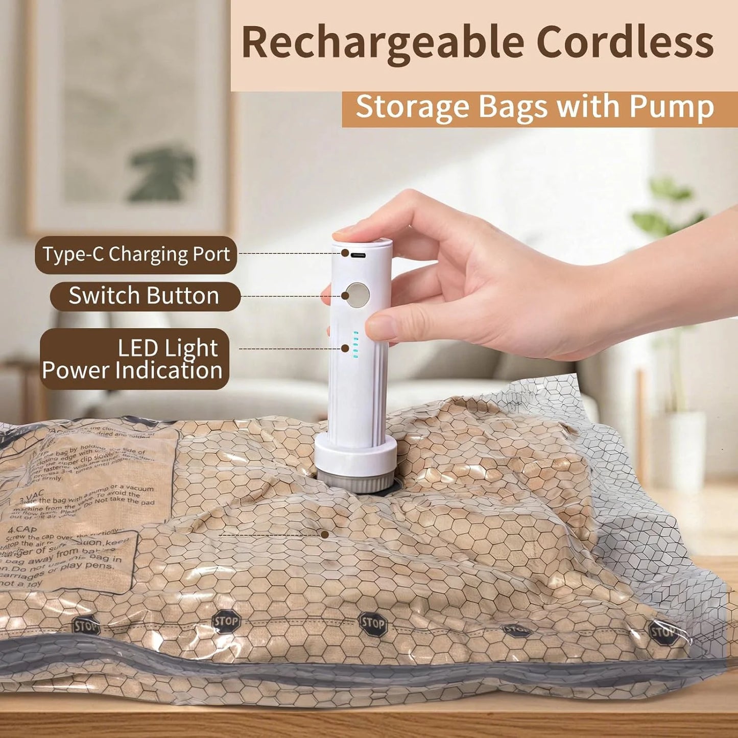 Rechargeable Travel Vacuum Pump Bags For Luggage And Carry On