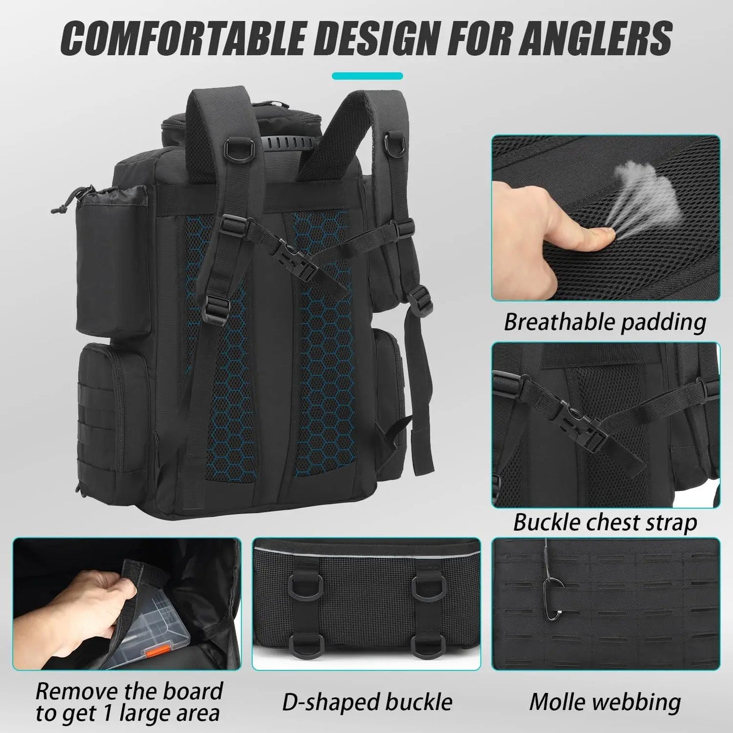 50L Tactical Fishing Backpack with Tackle Boxes, Rod Holders & Cooler for Gear Storage