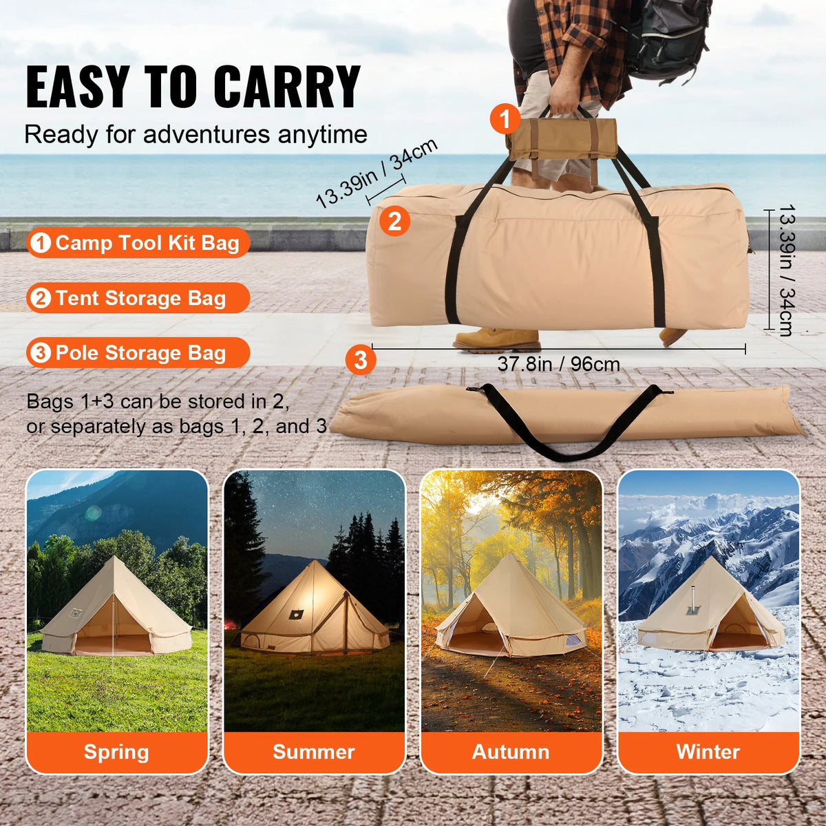 SucceBuy Four Season Canvas Bell Tent With Stove Vent