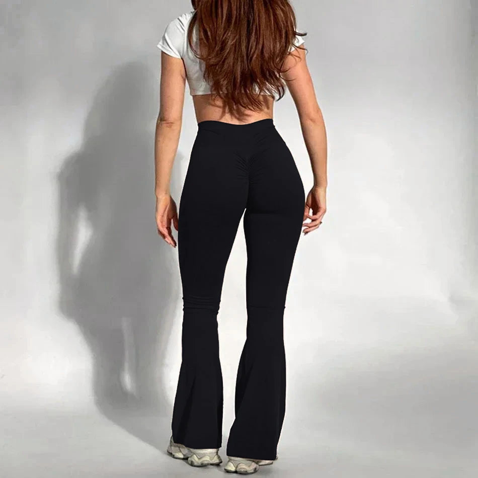 Women's Yoga Flare Trousers, High-Waisted Tummy-Control Wide-Leg Trousers Outdoor Casual Leggings with Pockets, Gym Workout Trou