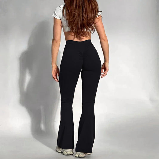 Women's Yoga Flare Trousers, High-Waisted Tummy-Control Wide-Leg Trousers Outdoor Casual Leggings with Pockets, Gym Workout Trou
