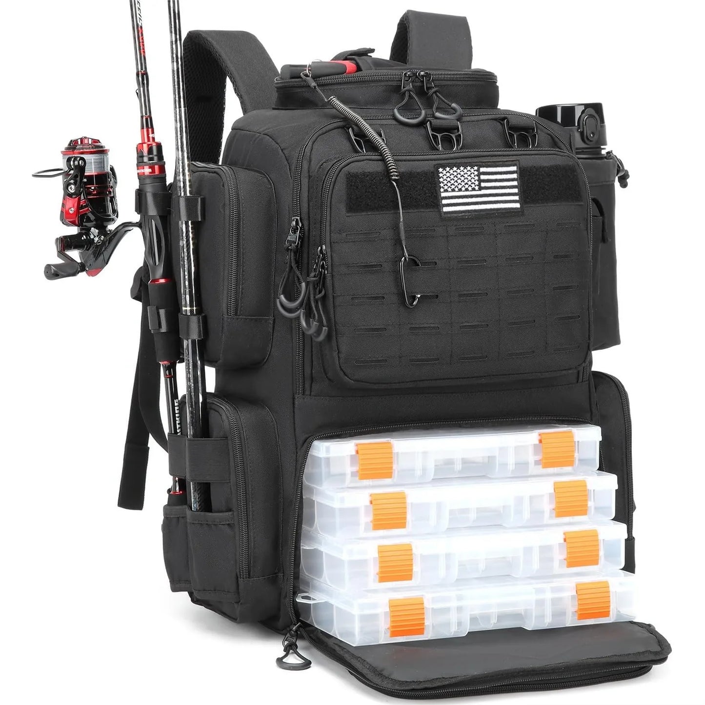 50L Tactical Fishing Backpack with Tackle Boxes, Rod Holders & Cooler for Gear Storage