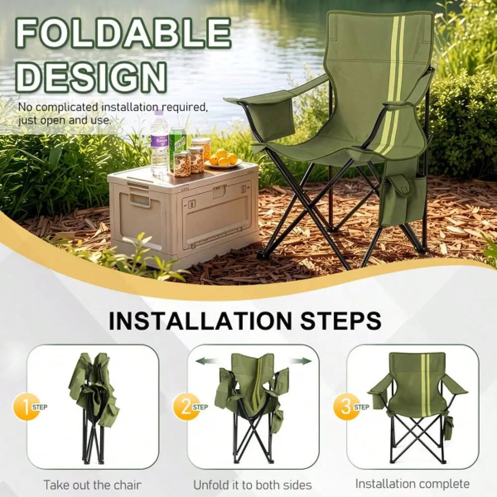 Folding Camping Chair With Built-In Cooler Bag, 350LBS Heavy Duty Portable Outdoor Chair With Cup Holder, Side Pocket & Carry B