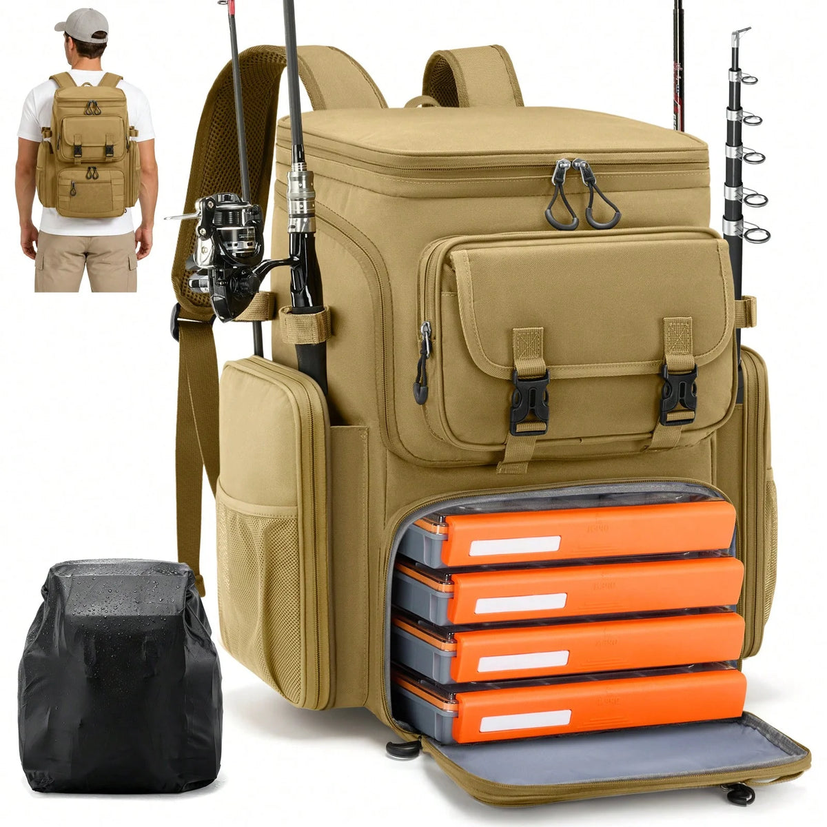 Waterproof Fishing Tackle Backpack With Insulated Cooler And Rod Holders
