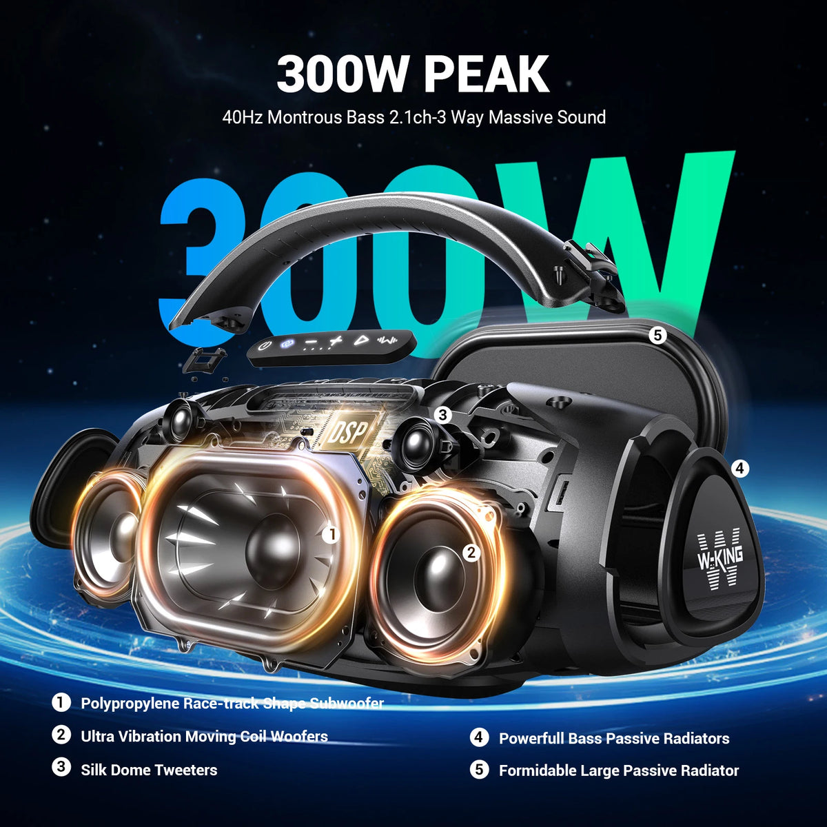 W-King X20 Portable Bluetooth Speaker 200W RMS Bass Outdoor Waterproof