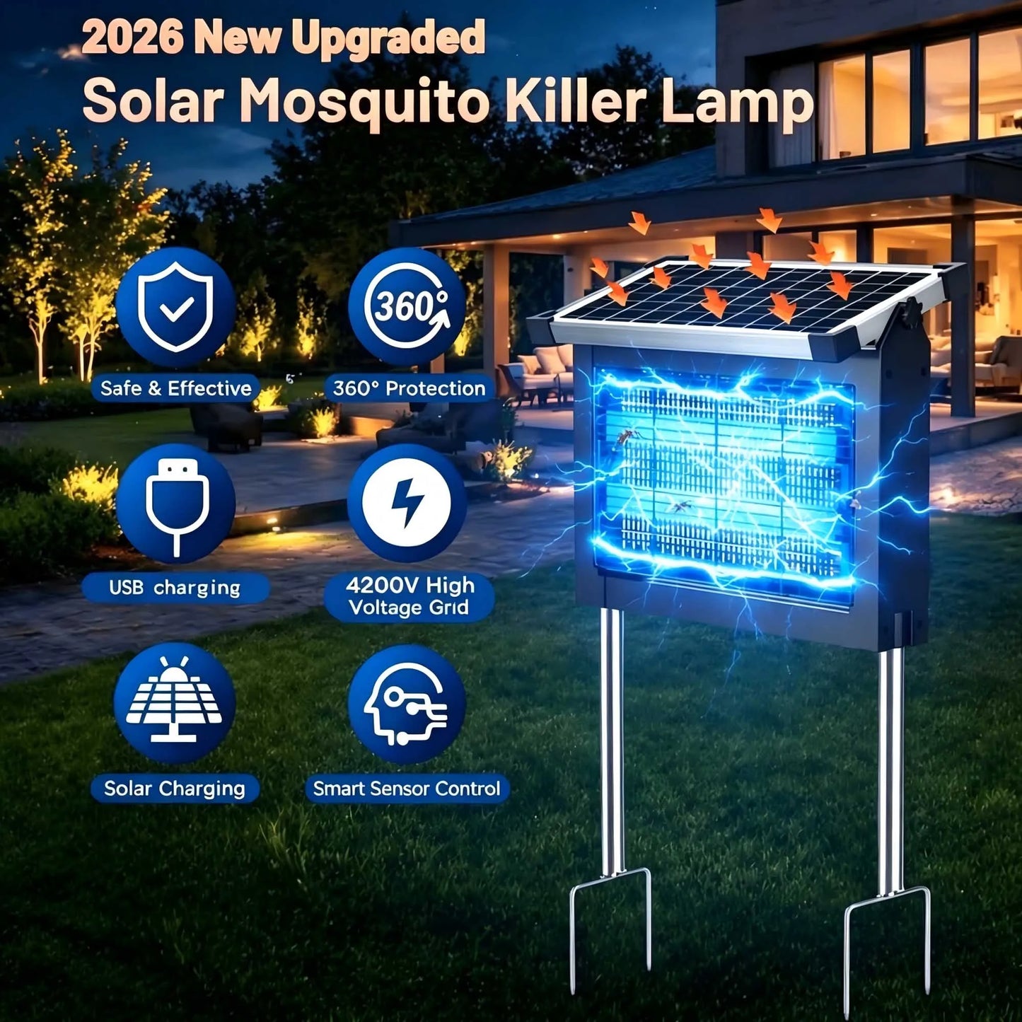 Solar Bug Zapper Outdoor 4500V Mosquito Zapper Waterproof Panel Sensor