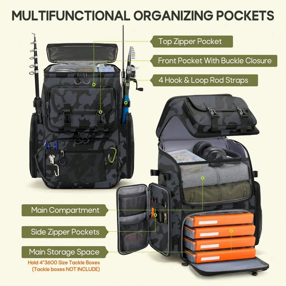 Waterproof Fishing Tackle Backpack With Insulated Cooler And Rod Holders