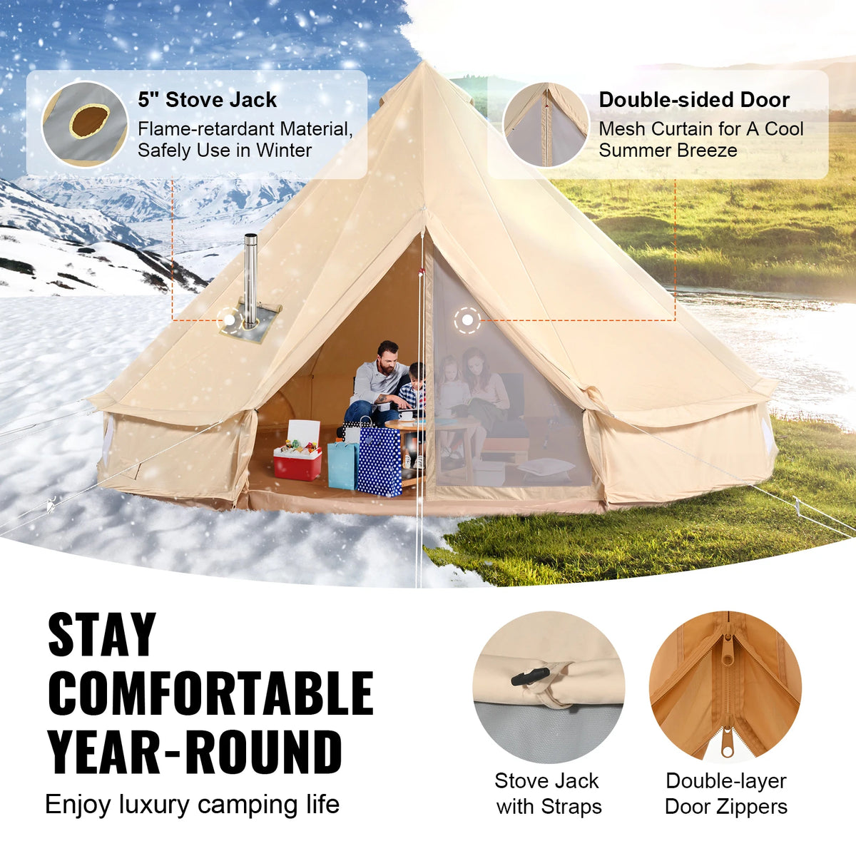 SucceBuy Four Season Canvas Bell Tent With Stove Vent
