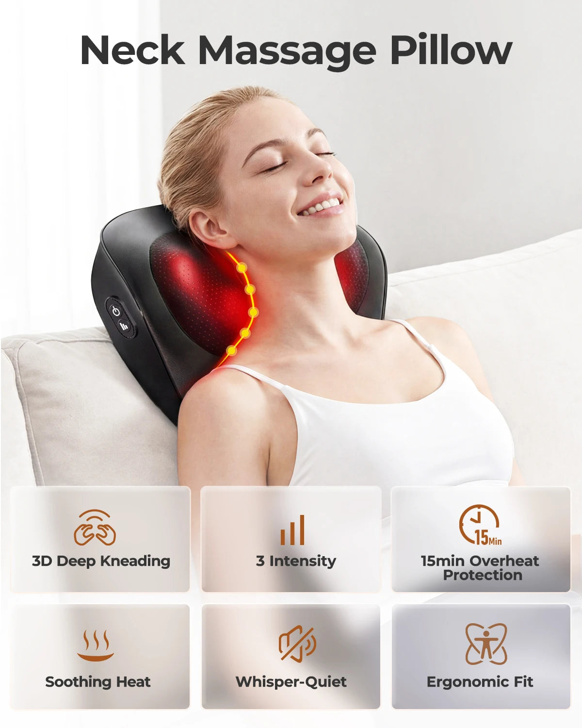 Electric Shiatsu Back Neck Massager with Heat,Ultra-Quiet Ergonomic 3D Kneading Massage Pillow for Full Body,Shoulder Leg Calf