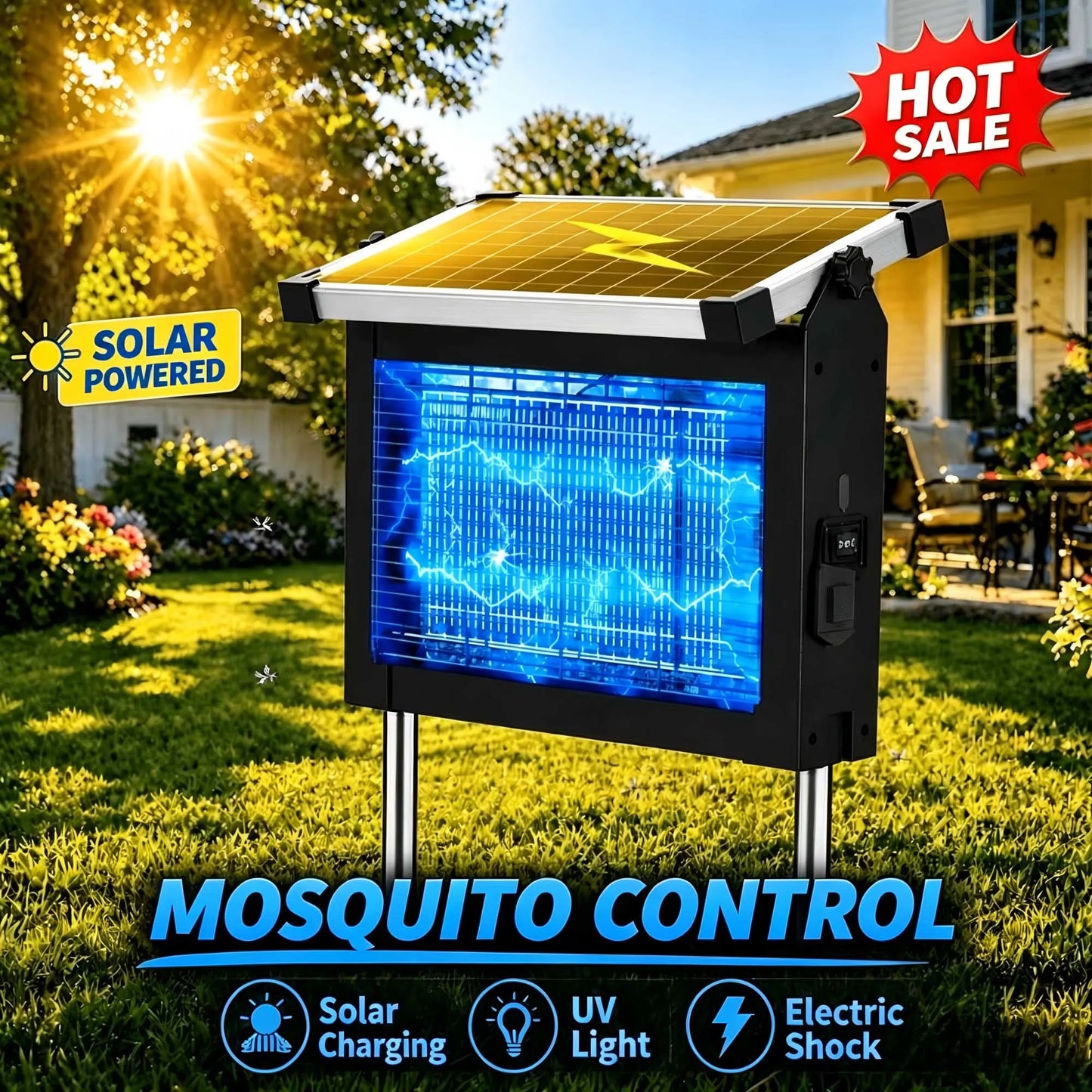 Solar Bug Zapper Outdoor 4500V Mosquito Zapper Waterproof Panel Sensor