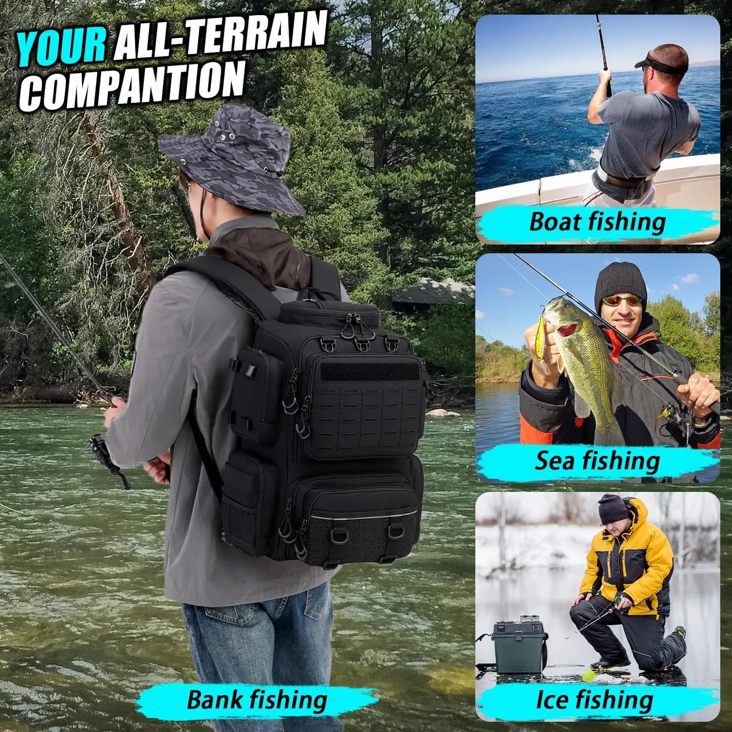 50L Tactical Fishing Backpack with Tackle Boxes, Rod Holders & Cooler for Gear Storage