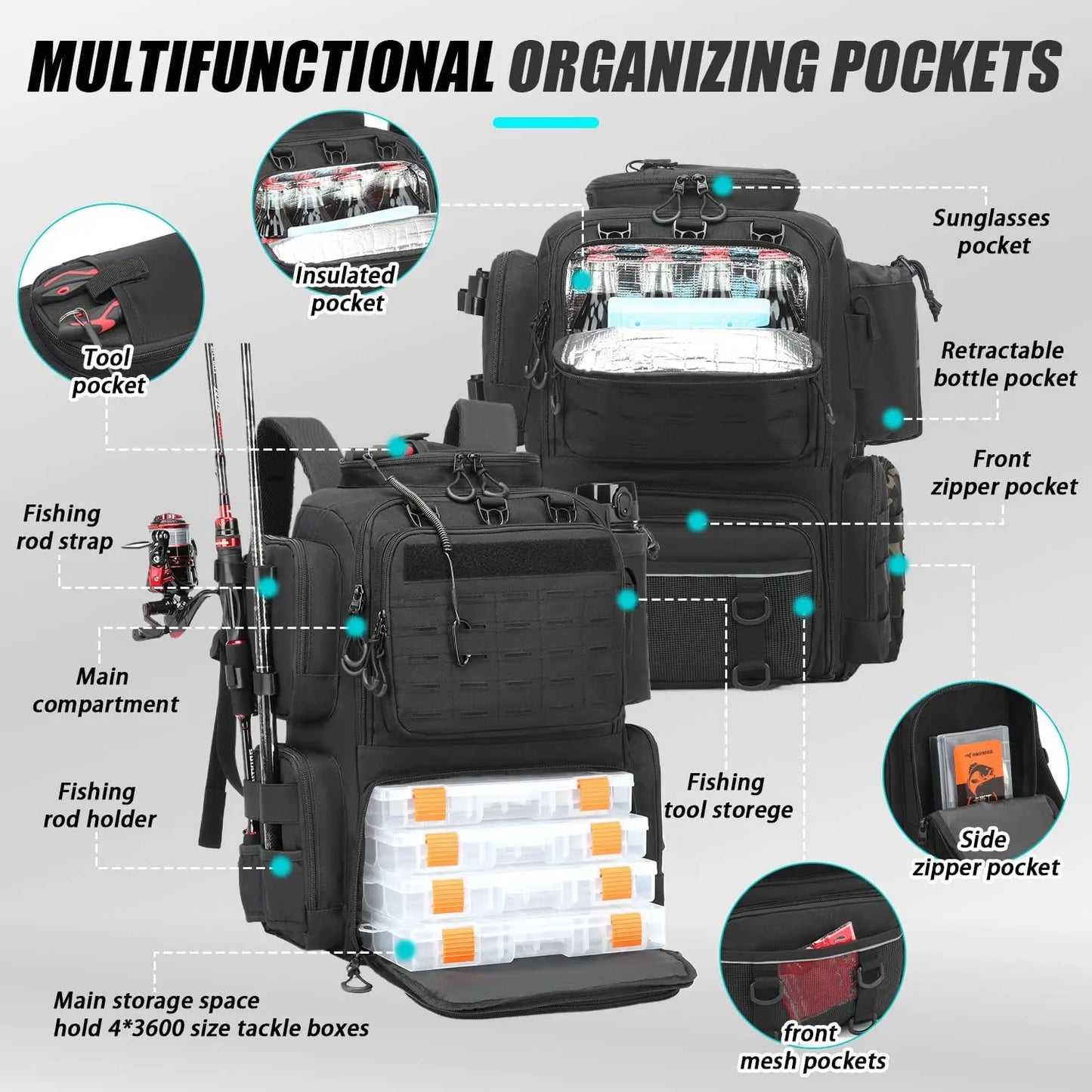 50L Tactical Fishing Backpack with Tackle Boxes, Rod Holders & Cooler for Gear Storage