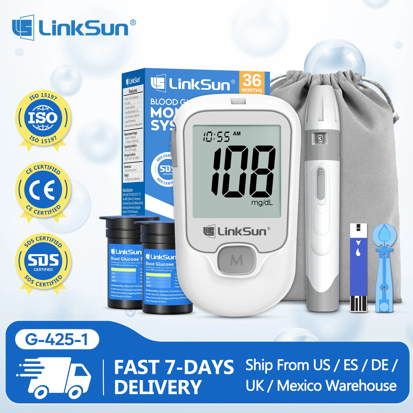 Linksun G425 Blood Glucose Monitor Kit With 50 Strips Lancing