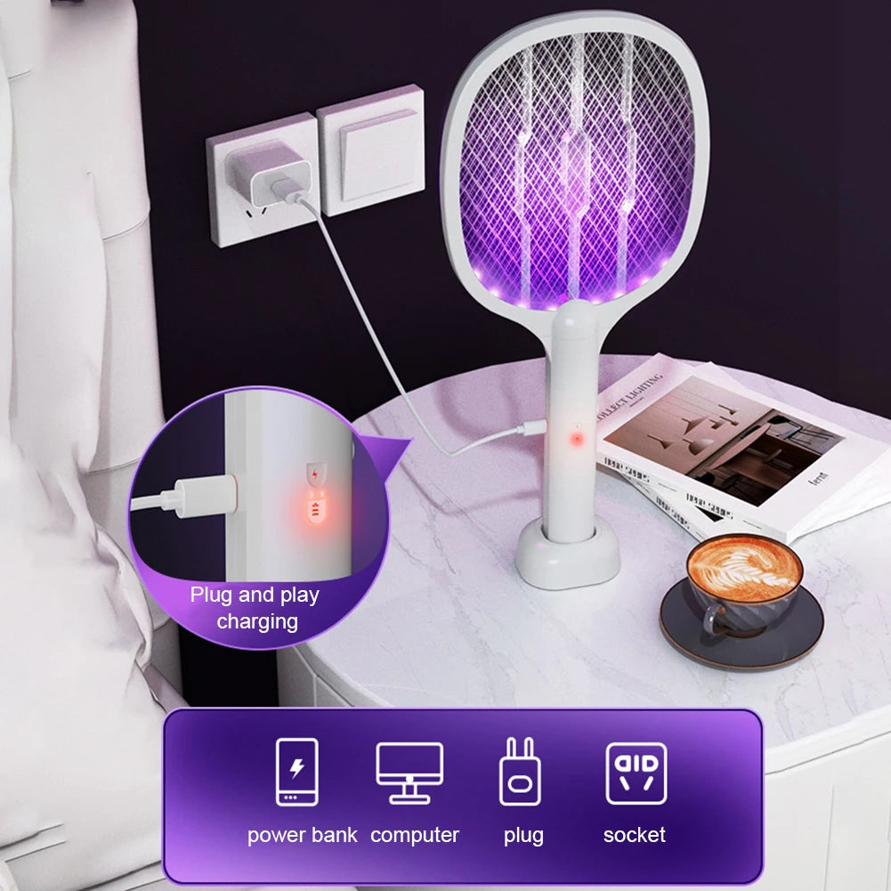 2 in 1 Electric Fly Swatter Handheld Fly Killer and Mosquito Trap Lamp Safe Rechargeable for Home Office Backyard Patio Camping