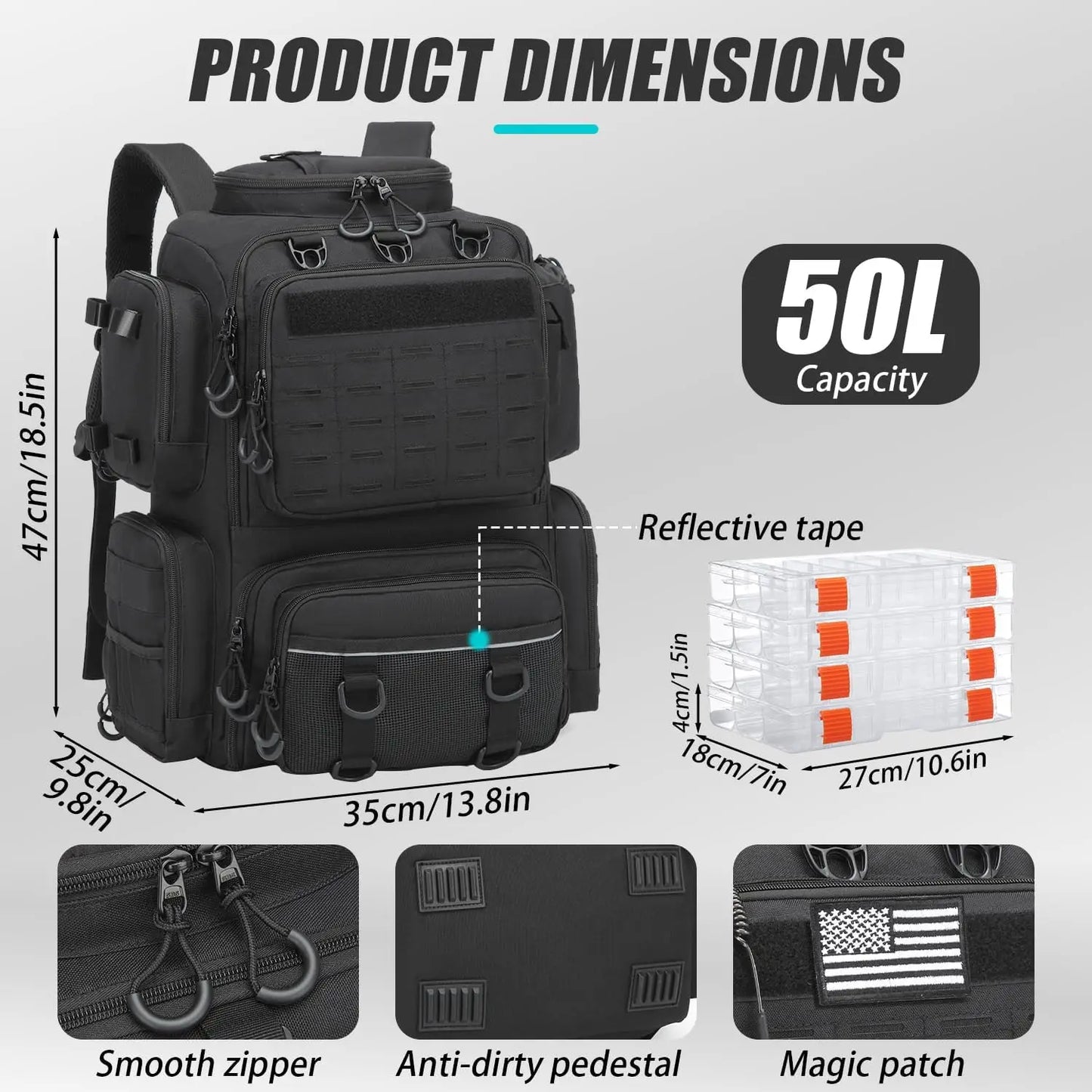 50L Tactical Fishing Backpack with Tackle Boxes, Rod Holders & Cooler for Gear Storage